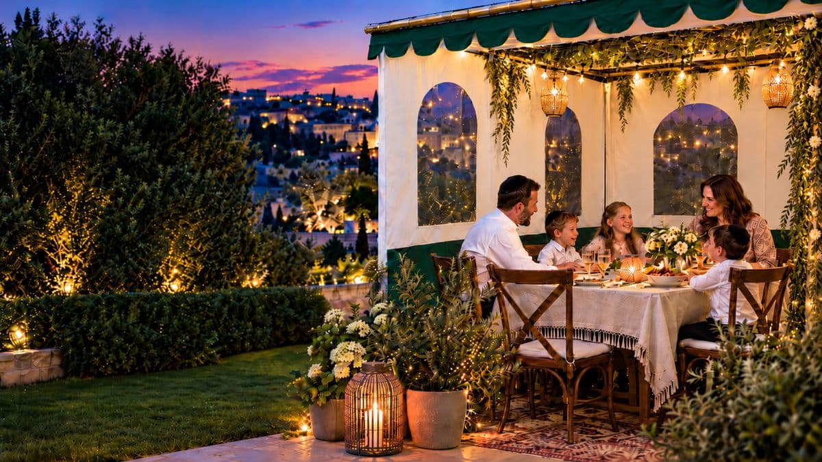 A family enjoying dinner in their sukkah at twilight overlooking the city