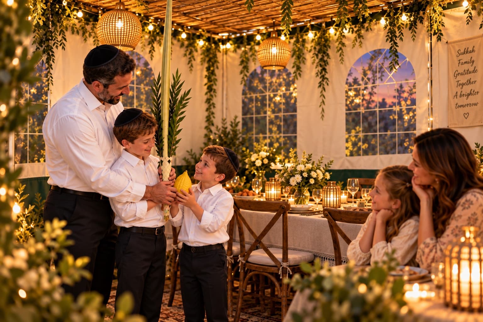 A sukkah beautifully decorated for Sukkot with a lulav and etrog set